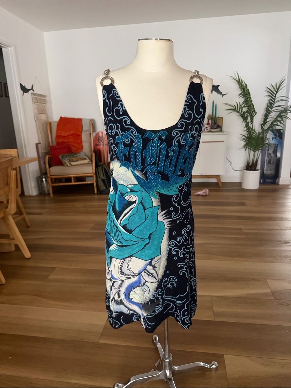Y2K Ed Hardy Blue & Teal Graphic Rose Tank Dress
